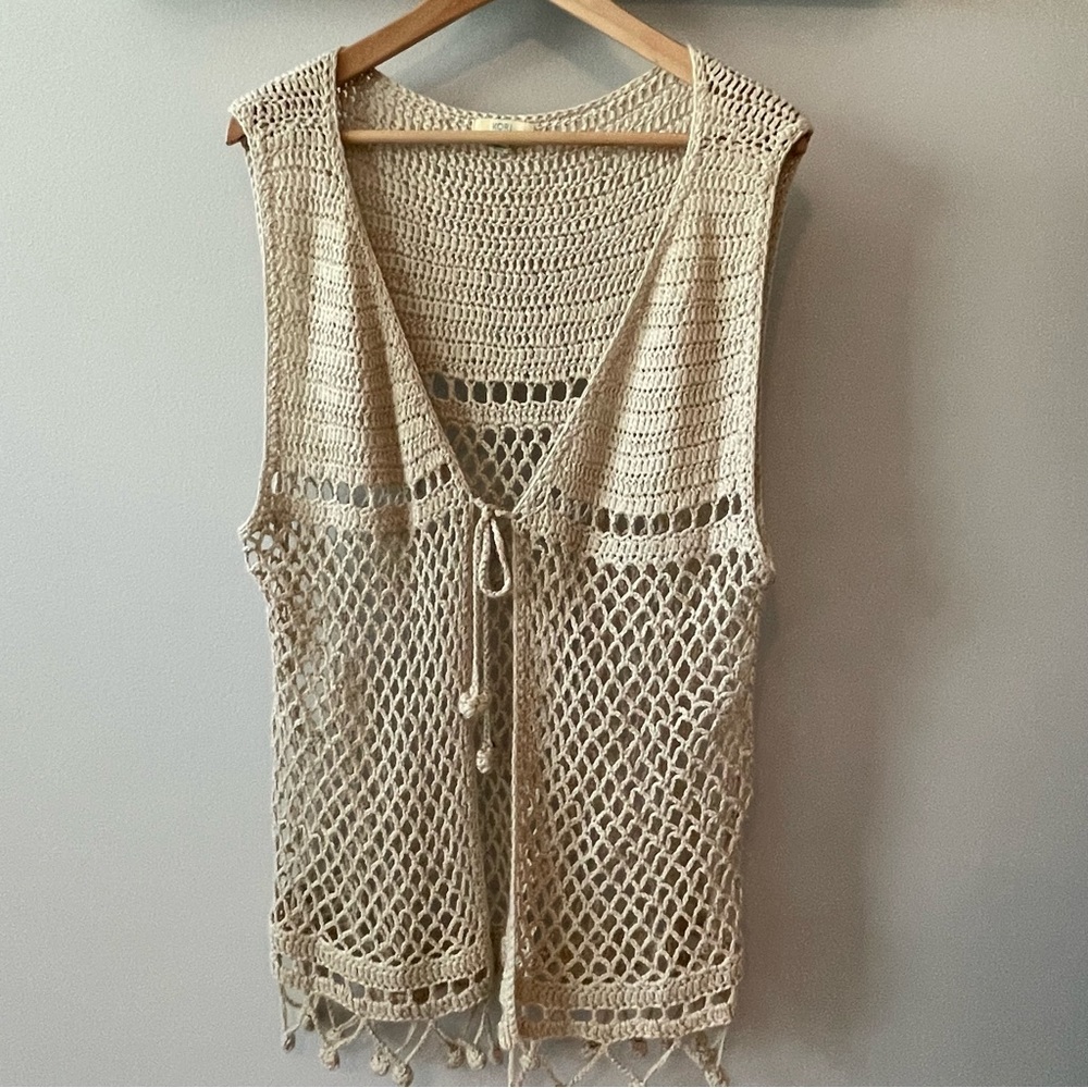 Kori America Boho Macramé Vest With Fabulous Ball Knot Fringe, L, EUC